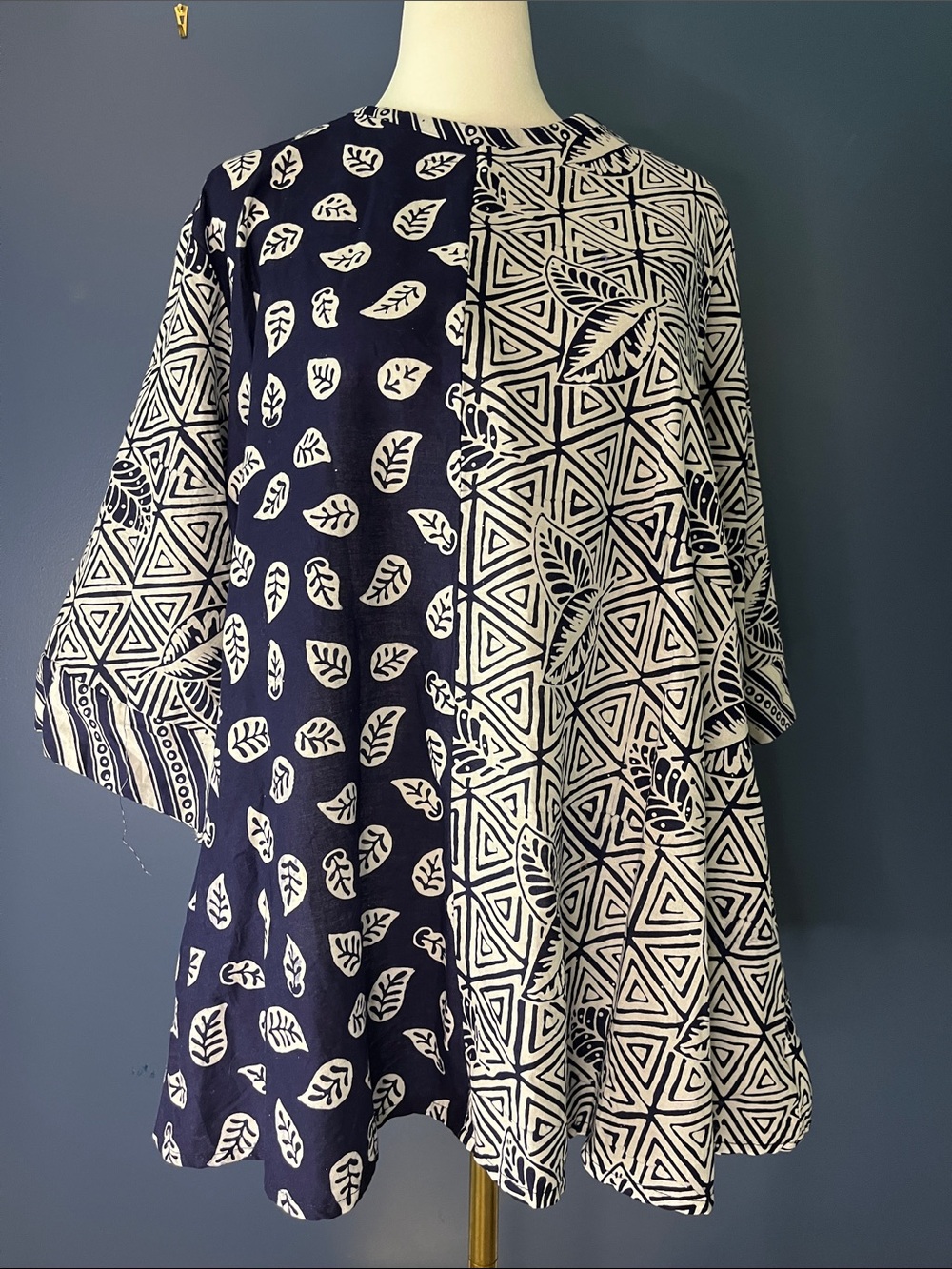 Cendana Batik Tunic, 3 navy/white coordinating prints, women's relaxed size M
